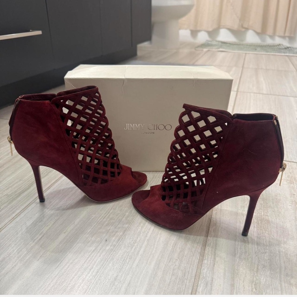 Jimmy Choo Red Suede Heels with Perforated Design
